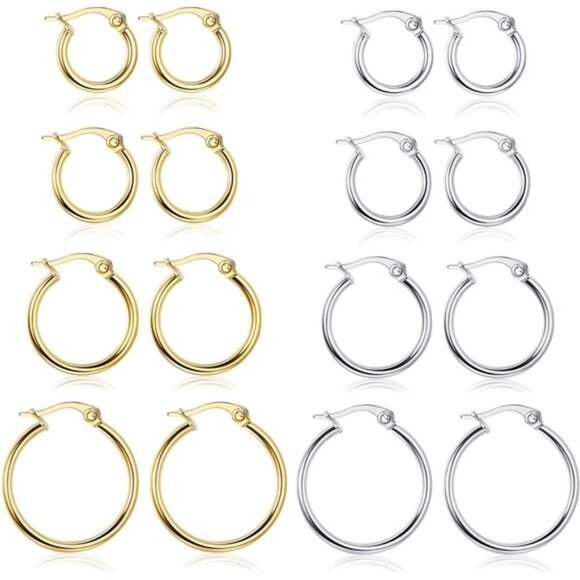 Gold Hoop Earrings Set Stainless Steel Rounded Small Hoop Earrings Set for Women - Picture 1 of 7